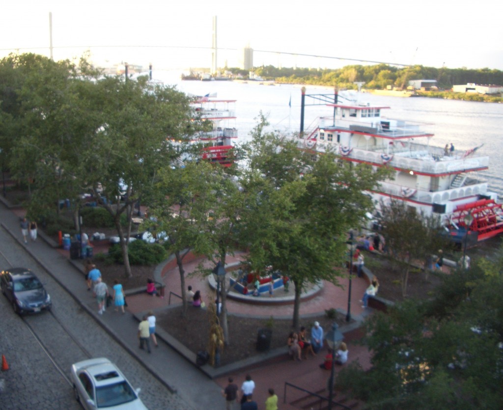A view of River Street and the Talmadge Memorial Bridge in the background from the balcony of our room at the Eliza Thompson House Inn.
