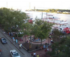 A view of River Street and the Talmadge Memorial Bridge in the background from the balcony of our room at the Eliza Thompson House Inn. 