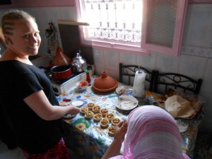 Attempting Moroccan cooking with my host mother during our home stay in Rabat. Though we have only this one experience with this type of lodging, we thoroughly enjoyed it. 