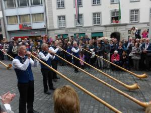 Alp horns add traditional Swiss music to the scene.